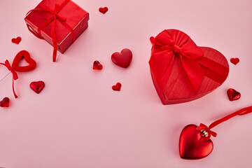 Happy valentines day. Romance background with red hearts and boxes.