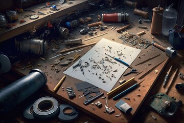 Work area with scattered parts such as screws or nails suggesting repair project is underway, concept of DIY Project and Repair Job, created with Generative AI technology