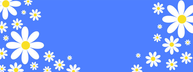 Margaritas blancas en fondo azul, con espacio para textos para promociones de primavera