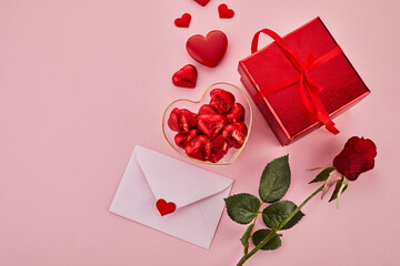 Happy valentines day. Romance background with red hearts and box.