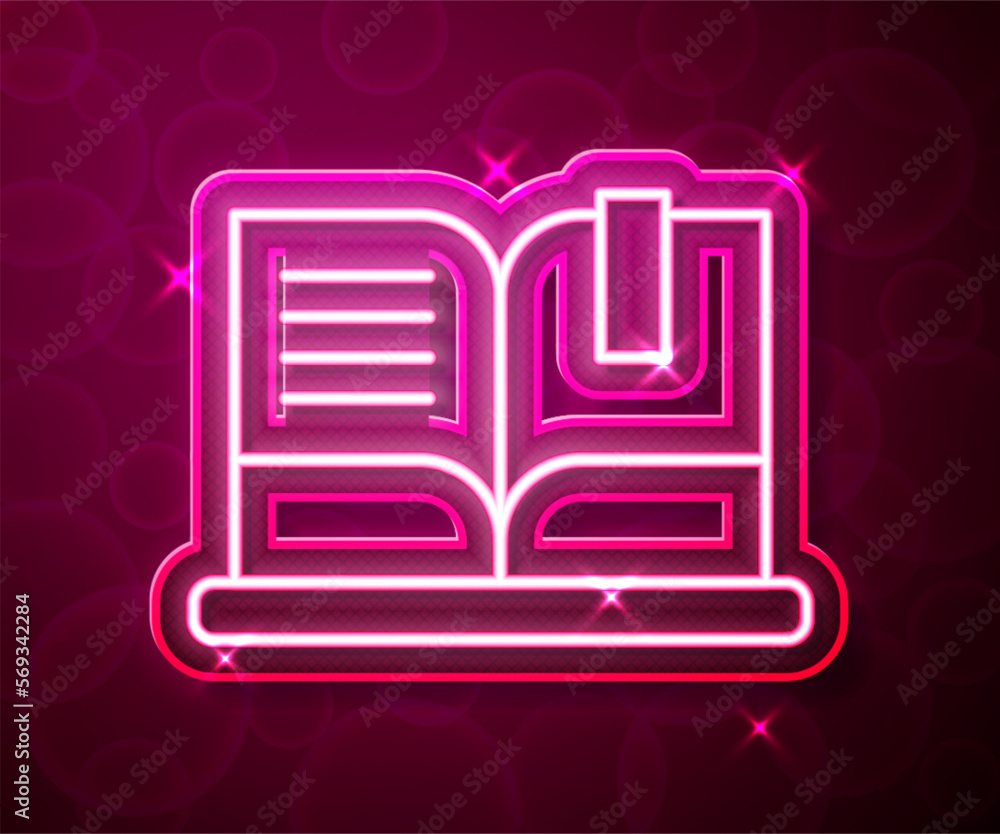 Poster glowing neon line open book icon isolated on red background. vector