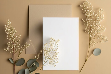 Empty white Wedding invitation card mockup with natural eucalyptus and white gypsophila plant twigs. Generative AI