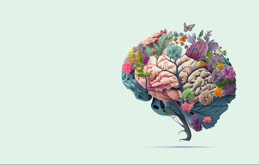 Human brain tree with flowers and butterflies, self care and mental health concept, positive thinking, creative mind, generative AI
 - obrazy, fototapety, plakaty