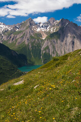 Beautiful view of Morasco dam near Riale village in Val Formazza during summer season, Piedmont, Italy