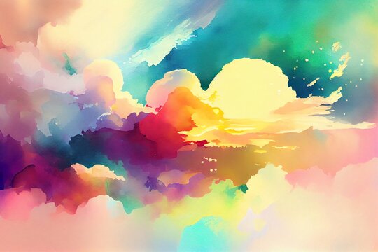 Colorful watercolor background of abstract sunset sky with puffy clouds in bright rainbow colors of pink green blue yellow and purple. Generative AI