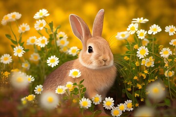 Cute Easter Bunny in a Field of Flowers. Generative AI