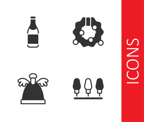 Set Christmas lights, Champagne bottle, Angel and wreath icon. Vector
