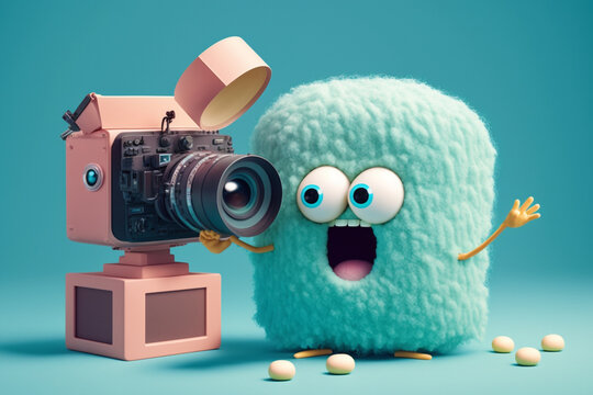 Cuddly extrange funny criatures, with a camera, with blank signboards to help to communicate the messages, copy space, generative ai.