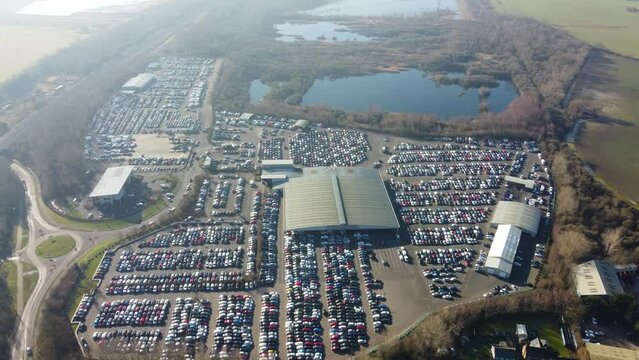 Aerial Footage of Huge Car Parking at Kempston Bedford Town of England UK. The Footage  Was Captured on 06-Feb-2023 with Drone's Camera