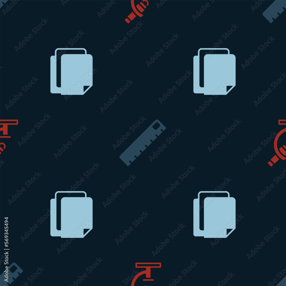 Poster set microscope, ruler and file document on seamless pattern. vector