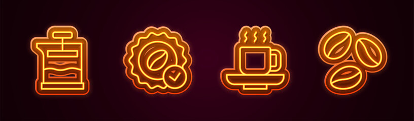 Set line French press, Medal for coffee, Coffee cup and beans. Glowing neon icon. Vector