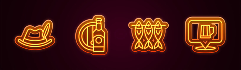Set line Oktoberfest hat, Beer bottle and wooden barrel, Dried fish and Wooden beer mug. Glowing neon icon. Vector