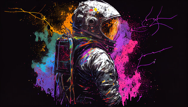 Cosmonaut painted with colored paints on dark background. Generative AI