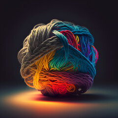 A ball of woolen multicolored thread, on a soft yellow light spot