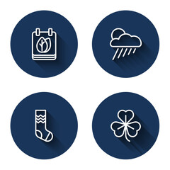 Set line Calendar with autumn leaves, Cloud rain and sun, Socks and Clover with long shadow. Blue circle button. Vector
