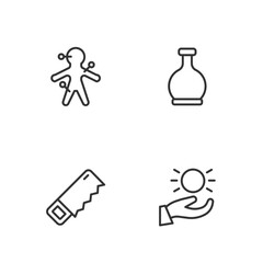 Set line Ball levitating above hand, Hand saw, Voodoo doll and Bottle with potion icon. Vector