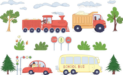 Vector Transport Set of Illustrations with Train, Truck, School Bus and Taxi, Cute Children's Illustration.