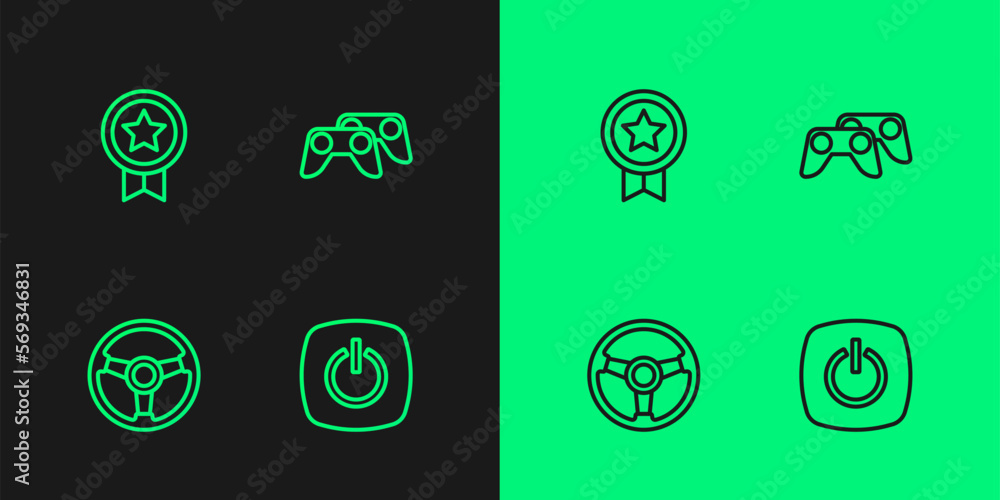 Poster set line power button, racing simulator, game rating with medal and controller joystick icon. vector