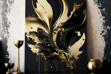 Abstract black and gold painting in a modern interior. AI generated