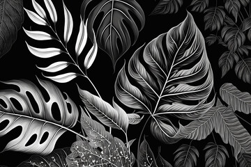White and black graphic illustrated tropical leaves background Illustration Generative AI