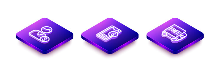 Set Isometric line Buyer, Mobile with dollar and Free delivery service icon. Vector