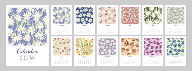 Floral calendar template for 2024. Vertical design with bright colorful flowers and leaves. Editable illustration page template A4, A3, set of 12 months with cover. Vector mesh. Week starts on Sunday.