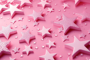 Abstract shiny background with pink color stars. Barbiecore fashion trend color. AI generated