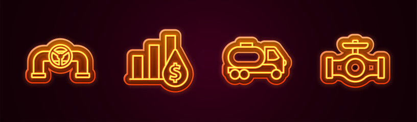 Set line Oil pipe with valve, Pie chart and dollar, Tanker truck and . Glowing neon icon. Vector