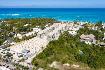 Construction of resort on Caribbean coastline of Atlantic ocean. Aerial view