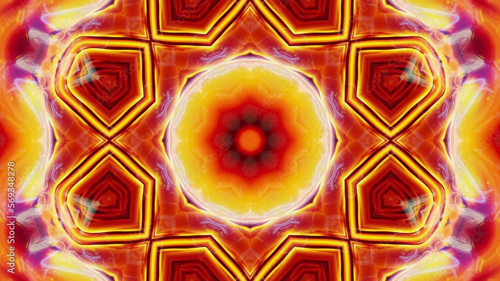 Poster stylish 3d abstract bg with wavy structure. liquid symmetrical red yellow pattern like kaleidoscope 