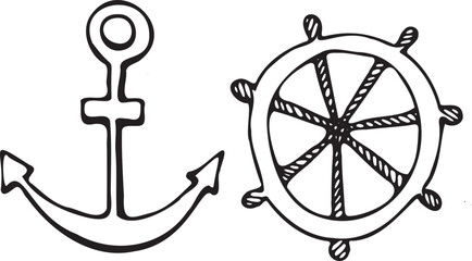 Vector illustration of nautical elements, anchor and helm. Graphic sketch clipart without background. Ideal for logos, icons, packaging design