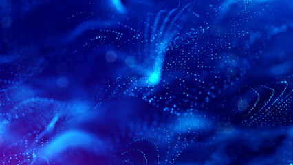 3d rendering background of microworld or sci-fi theme with glowing particles form curved lines, 3d surfaces, grid structures with depth of field, bokeh. Deep blue wave forms