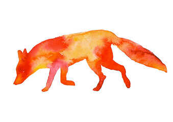 Red watercolor fox. Bright colors, spots, blots.