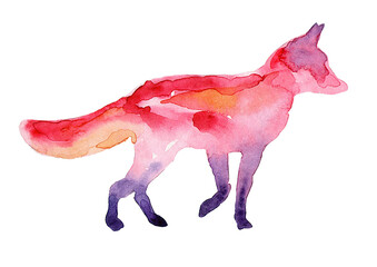 Pink watercolor fox. Bright colors, spots, blots. - 569349082