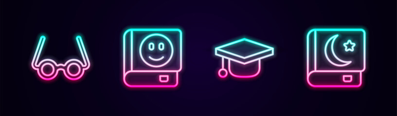 Set line Glasses, Book, Graduation cap and Holy book of Koran. Glowing neon icon. Vector