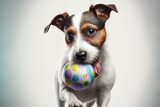 Dog with an easter egg in its mouth, eagerly playing with it. Generative AI