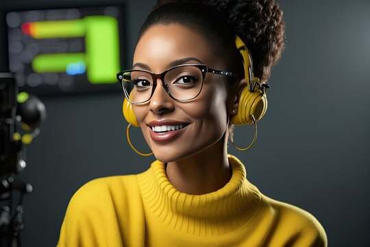 AI-generated image of an African-American woman doing a podcast, wearing a yellow sweater, and with afro-style helmets and hair