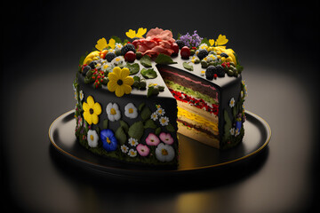 Swedish midsummer cake on black background created with generative AI technology