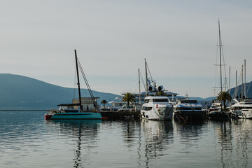 Fototapeta premium Amazing view of yacht marina Porto Montenegro in Tivat, Montenegro. Beautiful sunny day.
