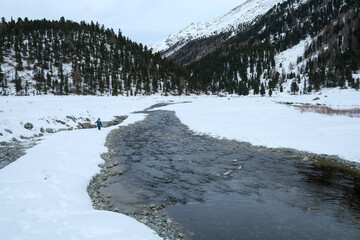Winter snowy landscape in Val Roseg. Pontresina, Switzerland.