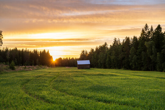 Sunset over a field. Österbotten/Pohjanmaa, Finland