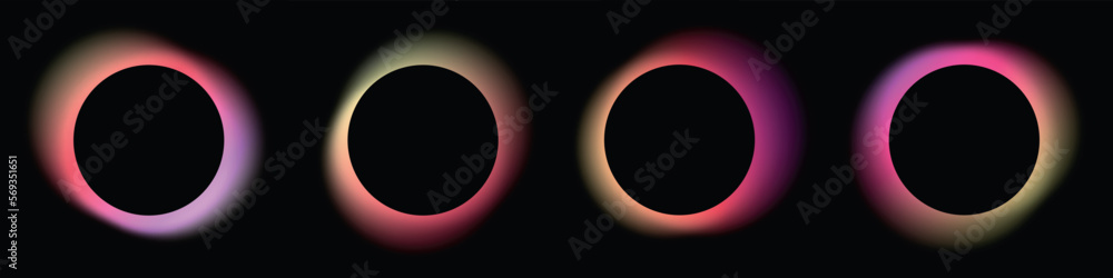 Poster abstract gradient circles buttons set. liquid shape, fluid vivid gradients. shining frames on black 