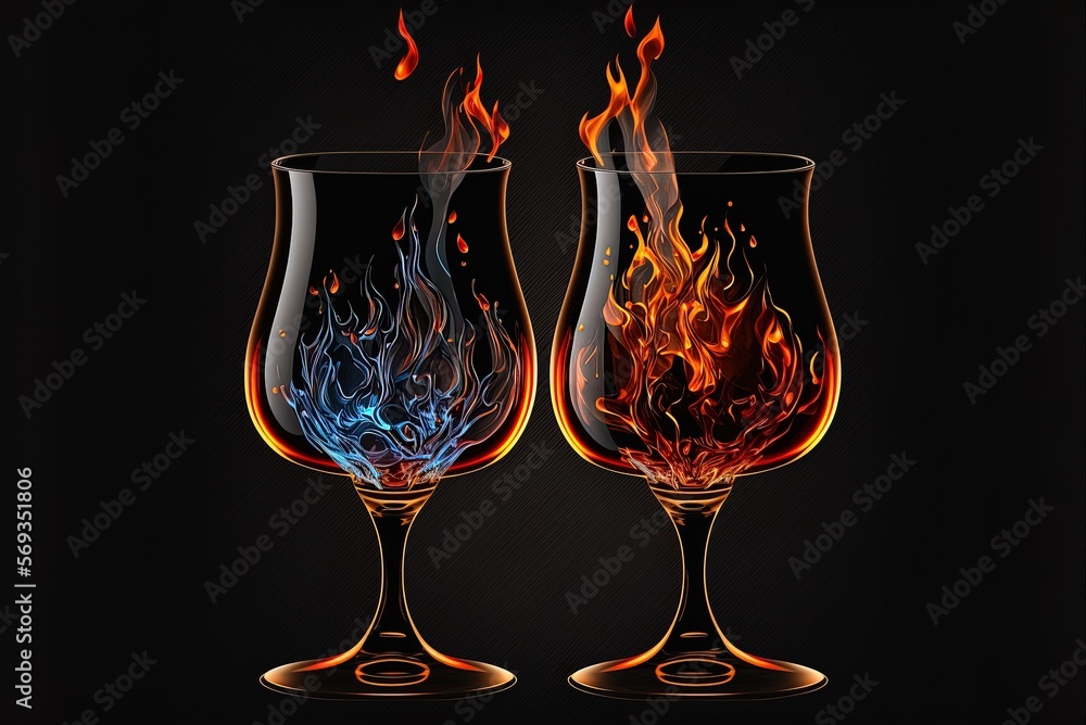 Poster glasses of flaming booze on a dark backdrop generative ai