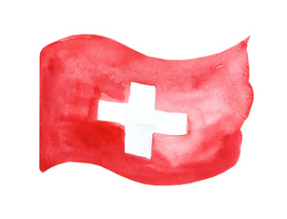 Watercolor illustration. Switzerland flag isolated on a white background. Red, white, red flag. State symbol