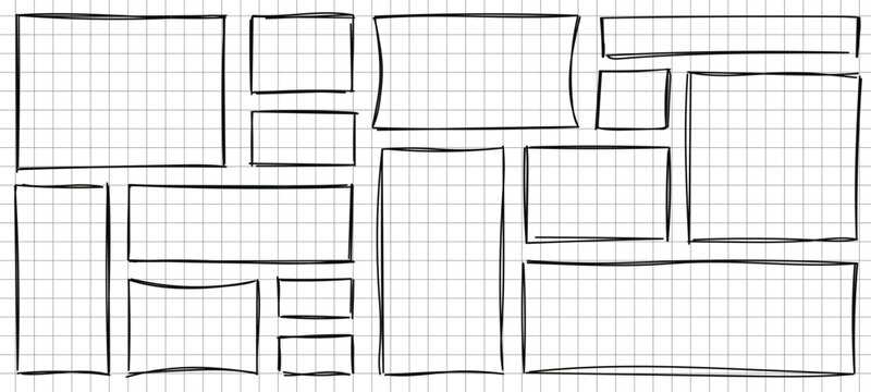 Line stamps boxes set. Square and rectangle grunge stroke frames. Rectangle outline border collections.Vector illustration isolated on white background.