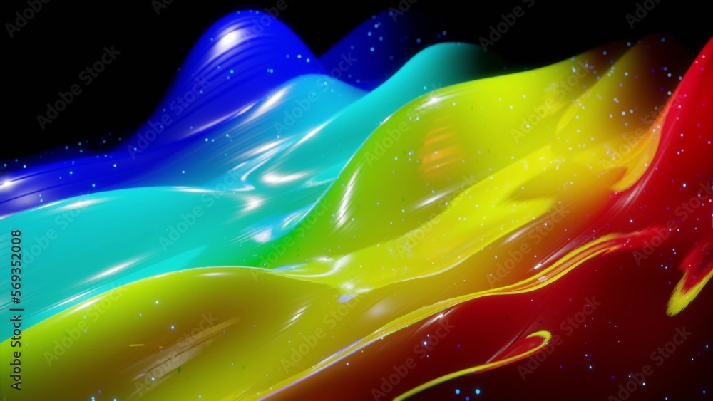 Poster 3d rendering. abstract 3d surface with beautiful waves, luminous sparkles and bright rainbow color g