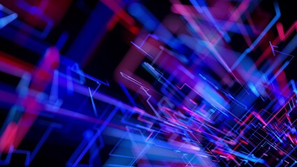 3d rendering sci-fi bg like abstract hologram. Multicolor neon glow lines form digital 3d space. Connection concept, visualization of multiple calculations of various branches neural network or AI
