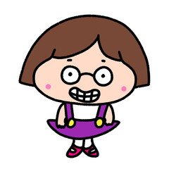 nerd smiling girl in purple skirt overalls, character design, cute cartoon isolated , graphic design for presentation, marketing, art, illustration, t-shirt design, cartoon, comic, advertising