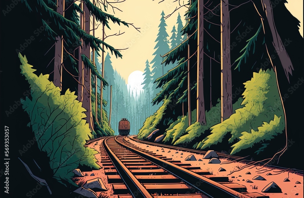 Poster aerial view of a forest with railroad tracks in the foreground generative ai