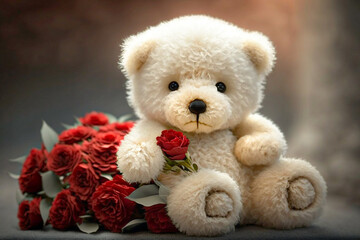 Teddy bear with red flowers on the side symbolizing love.Research in the area of psychology points out that giving a teddy bear to someone who is far away is a way of saying 